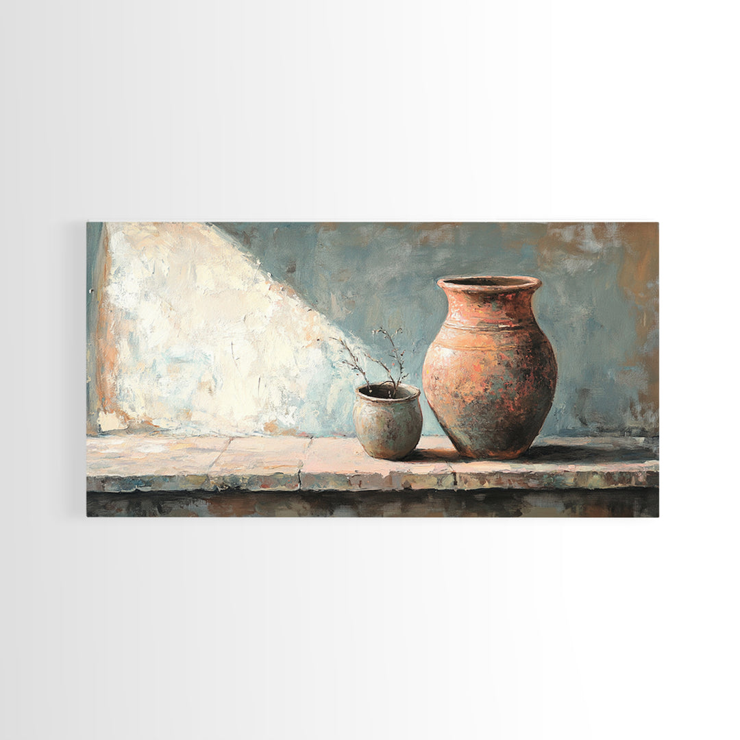 Rustic Terracotta Vase Still Life Wall Art, Earth Tone Kitchen Decor, Farmhouse Canvas Print, Warm Neutral Living Room Art