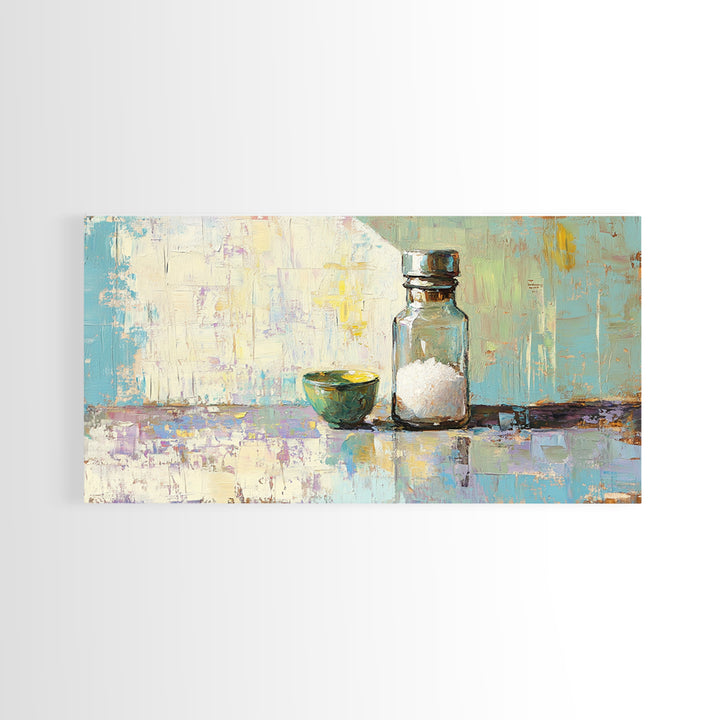 Sunlit Salt Bottle And Green Bowl Canvas Print, Minimalist Kitchen Wall Art, Coastal Neutral Decor, Modern Home Decor Gift