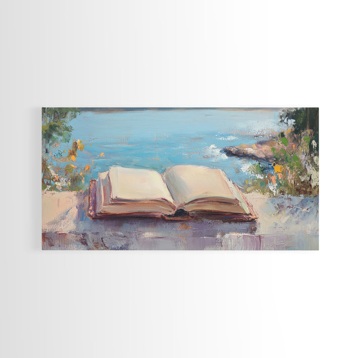 Open Book By The Lake Wall Art, Reading Nook Decor, Literary Art Print, Coastal Landscape Canvas, Book Lover Gift, Home Decor