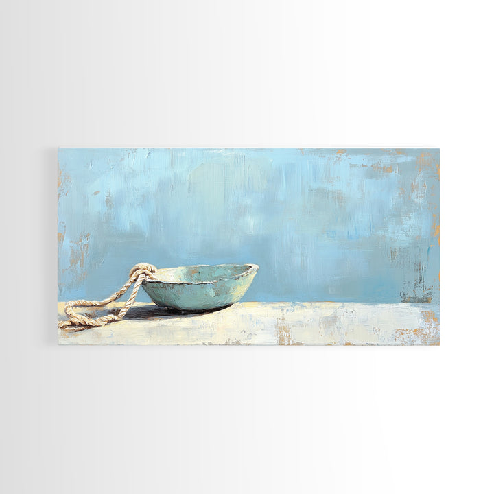 Weathered Blue Bowl With Rope Nautical Wall Art, Coastal Home Decor, Beach House Canvas Print, Minimalist Ocean Wall Decor
