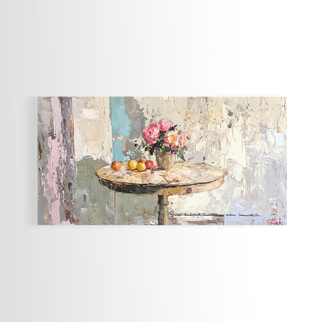 Round Cafe Table With Roses And Fruit Wall Art, French Country Kitchen Decor, Floral Still Life Canvas Print, Housewarming Gift