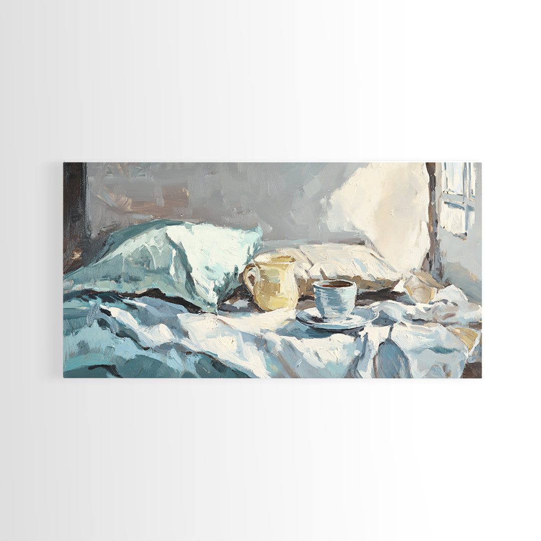 Morning Coffee In Bed With Blue Linens Wall Art, Cozy Bedroom Canvas Print, Guest Room Decor, Above Bed Art Gift For Her