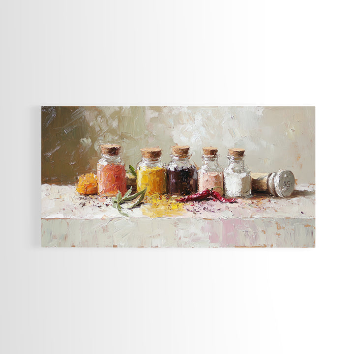 Kitchen Spice Bottles With Chili And Herbs Wall Art, Rustic Canvas Print, Foodie Kitchen Decor, Dining Room Art Gift For Chef