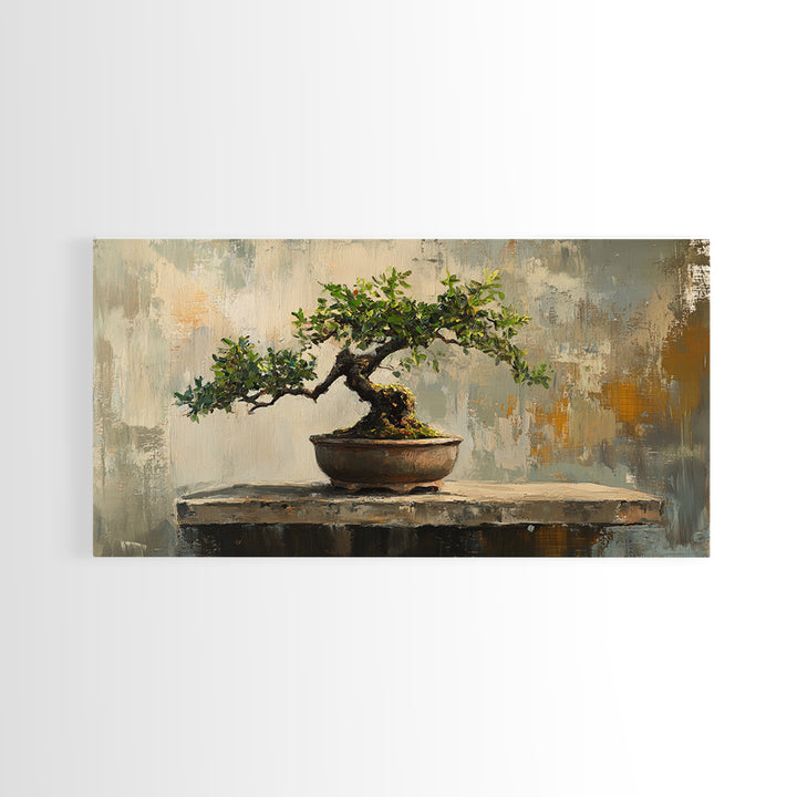 Textured Bonsai Tree In Rustic Pot Framed Canvas Print, Japandi Zen Home Decor, Nature Wall Art, Office Decor Housewarming Gift