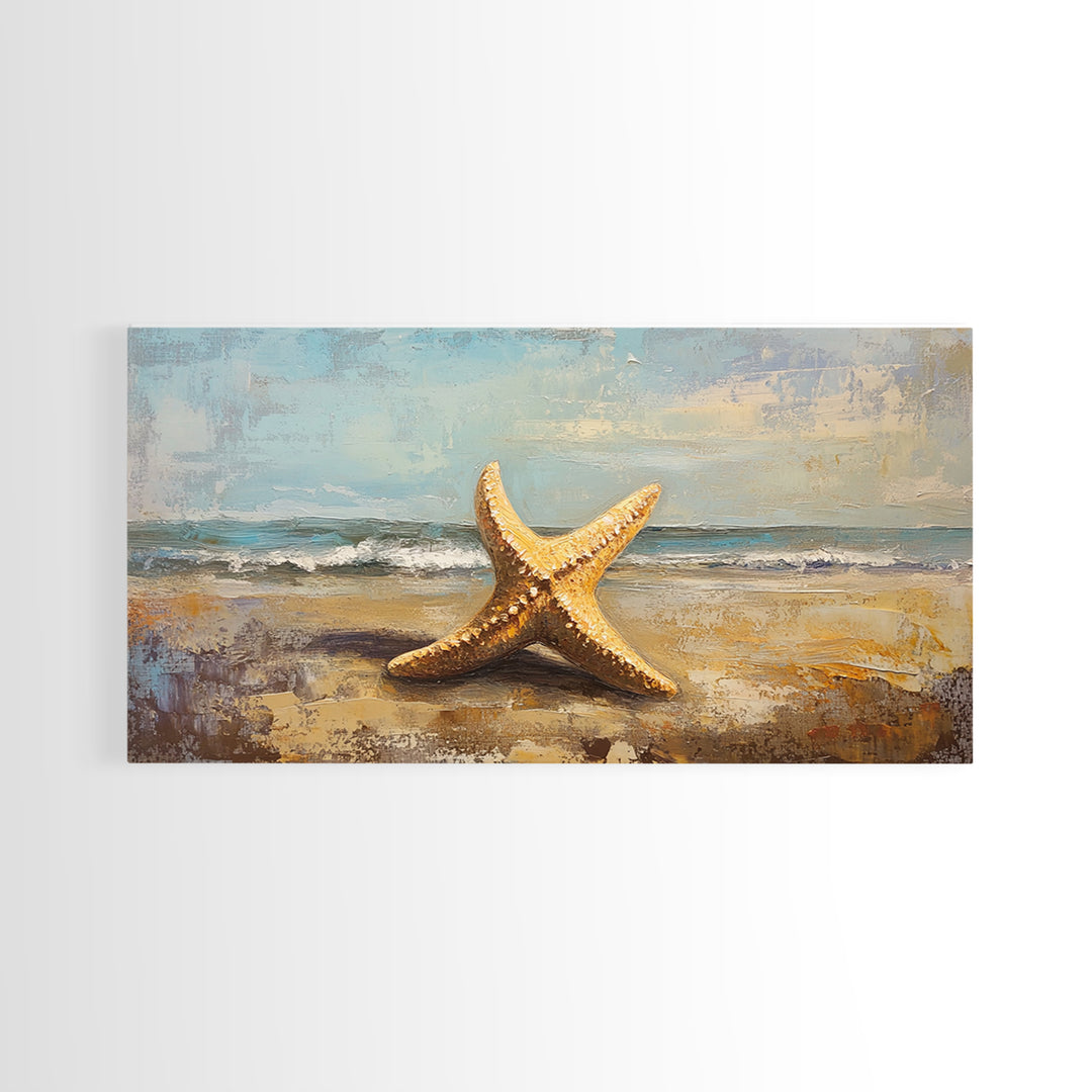 Golden Starfish On Sandy Beach Canvas Print, Coastal Wall Art, Ocean Wall Decor, Beach House Decor, Summer Home Decor Gift