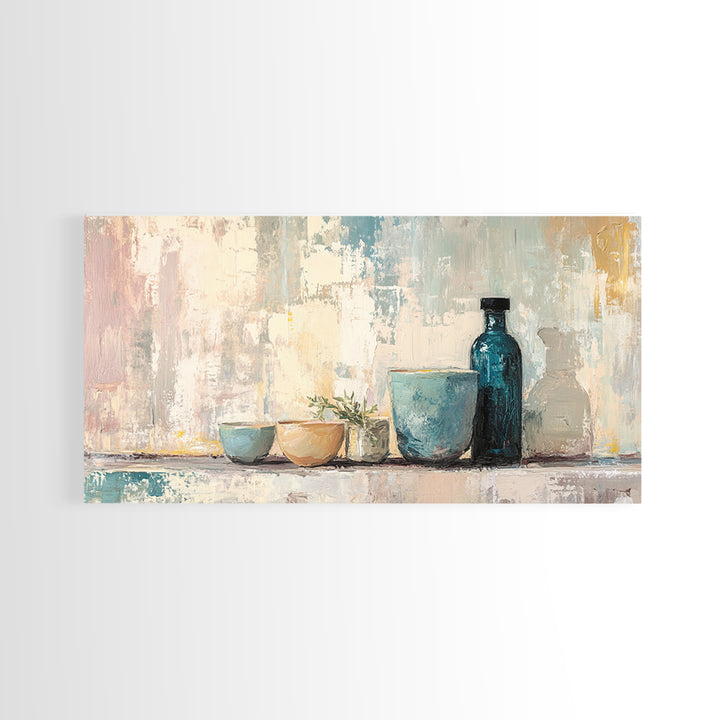 Blue Glass Bottle And Ceramic Bowls Wall Art, Minimalist Kitchen Decor, Neutral Still Life Art Print, Modern Home Decor Gift