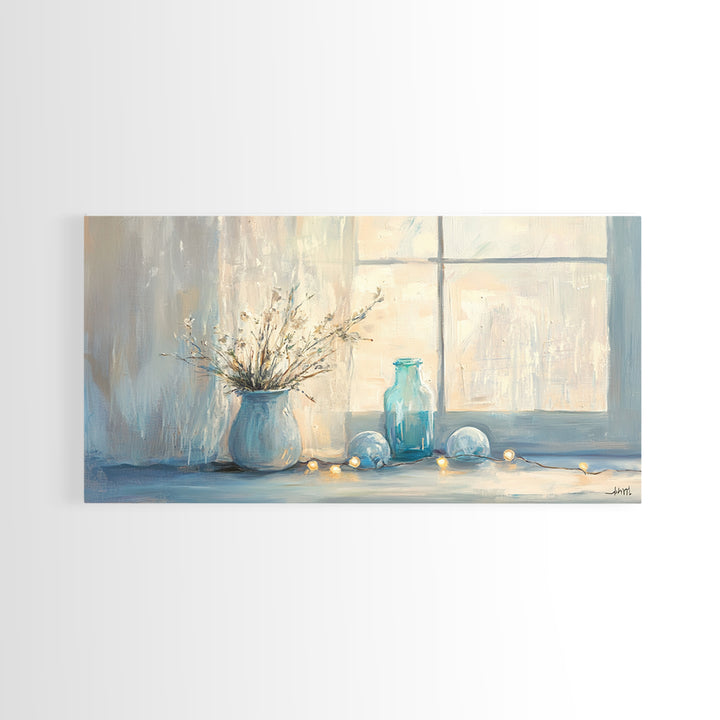 Soft Blue Window Still Life With Vase Canvas Print, Calming Wall Art, Cozy Bedroom Decor, Neutral Home Decor Gift For Her