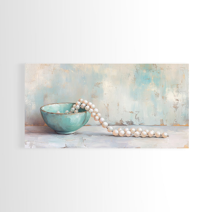 Turquoise Bowl With Pearl Strand Wall Art, Feminine Still Life Art Print, Coastal Bathroom Decor, Elegant Home Decor Gift