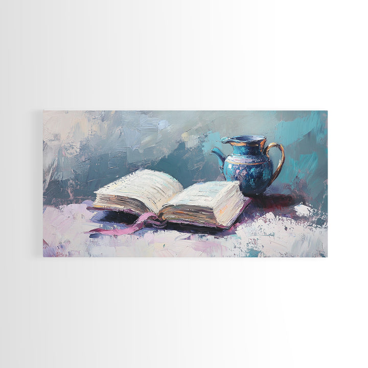Open Book And Blue Pitcher Wall Art, Cozy Library Home Decor, Reading Nook Art Print, Book Lover Framed Canvas Print Gift