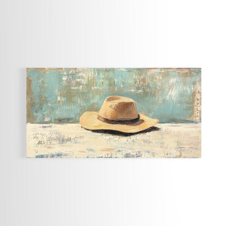 Rustic Straw Cowboy Hat Wall Art, Western Home Decor, Farmhouse Country Art Print, Masculine Framed Canvas Print Gift For Him