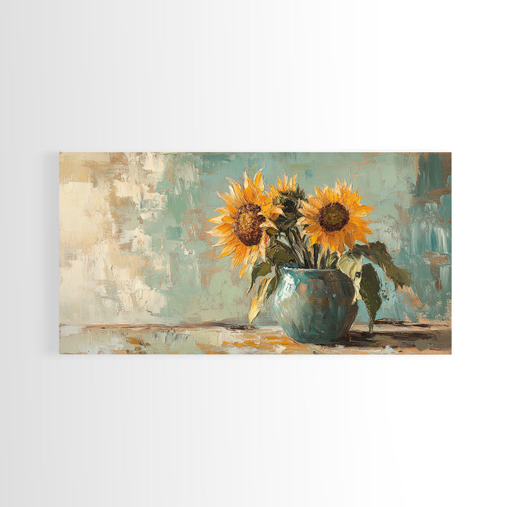 Sunflowers In Turquoise Pitcher Wall Art, Rustic Floral Decor, Country Kitchen Art Print, Farmhouse Framed Canvas Print Gift