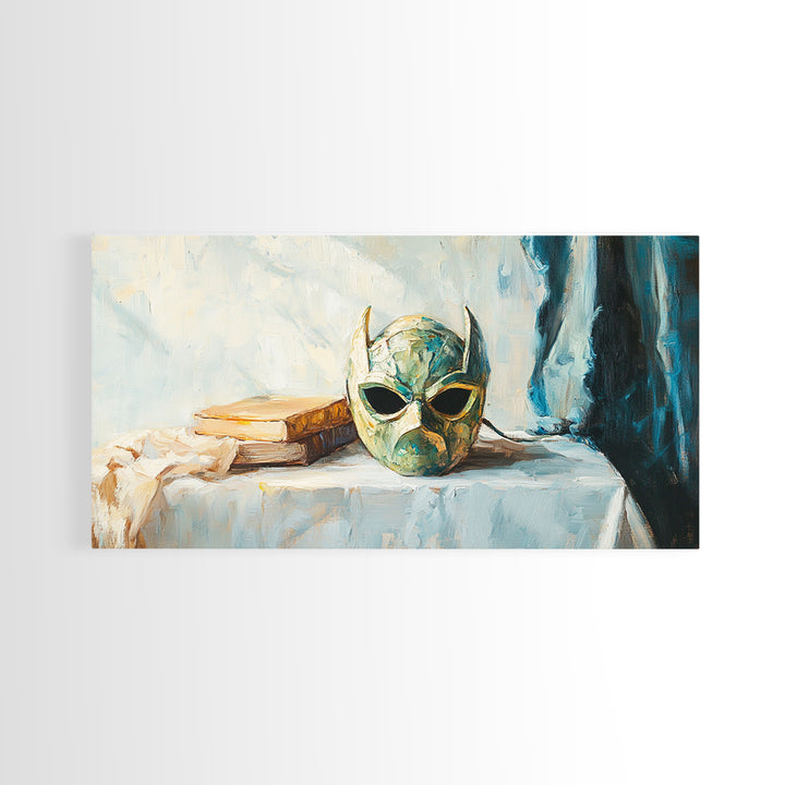 Green Masquerade Mask And Books Wall Art, Gothic Library Decor, Fantasy Dark Academia Art Print, Framed Canvas Print Gift