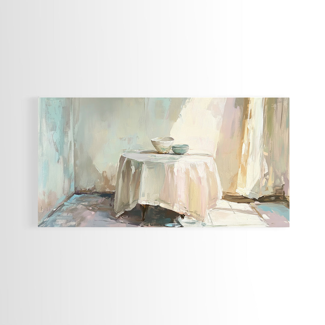 Sunlit Table With Teacups Wall Art, Minimalist Neutral Decor, Cozy Dining Room Art Print, Japandi Framed Canvas Print Gift