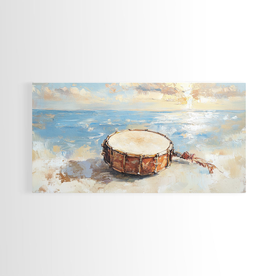 Weathered Beach Drum At Sunrise, Coastal Seascape Framed Canvas Print, Ocean Wall Art, Nautical Decor, Beach House Decor Gift