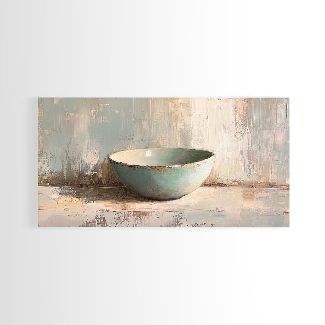 Turquoise Ceramic Bowl Still Life, Minimalist Framed Canvas Print, Neutral Wall Art, Wabi Sabi Decor, Modern Kitchen Art
