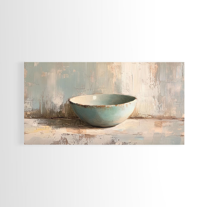 Turquoise Ceramic Bowl Still Life, Minimalist Framed Canvas Print, Neutral Wall Art, Wabi Sabi Decor, Modern Kitchen Art