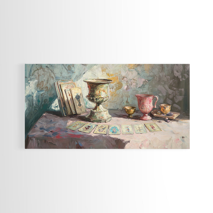 Tarot Cards And Antique Goblets, Mystical Still Life Canvas Print, Witchy Wall Art, Dark Academia Decor, Unique Spiritual Gift