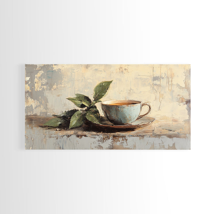 Leafy Coffee Cup Still Life, Rustic Kitchen Canvas Print, Botanical Wall Art, Coffee Bar Decor, Neutral Home Decor Housewarming Gift