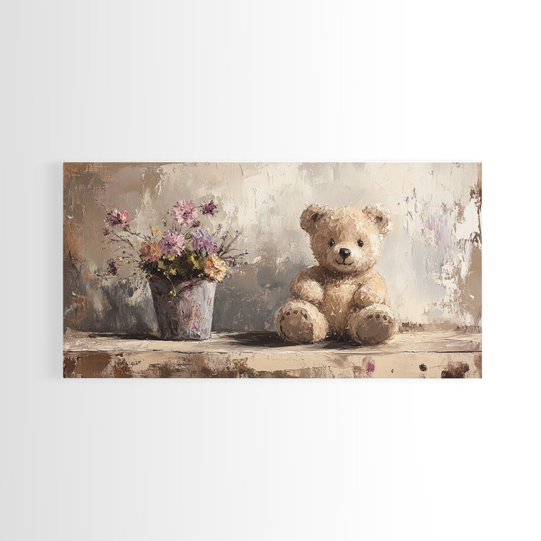 Teddy Bear With Wildflowers, Sweet Nursery Framed Canvas Print, Whimsical Wall Art, Kids Room Decor, Cute Baby Shower Gift