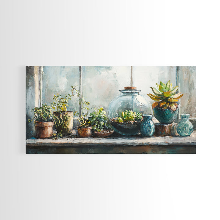 Sunlit Succulent And Potted Plant Wall Art, Botanical Canvas Print, Boho Plant Decor, Nature Inspired Home Decor, Living Room Decor