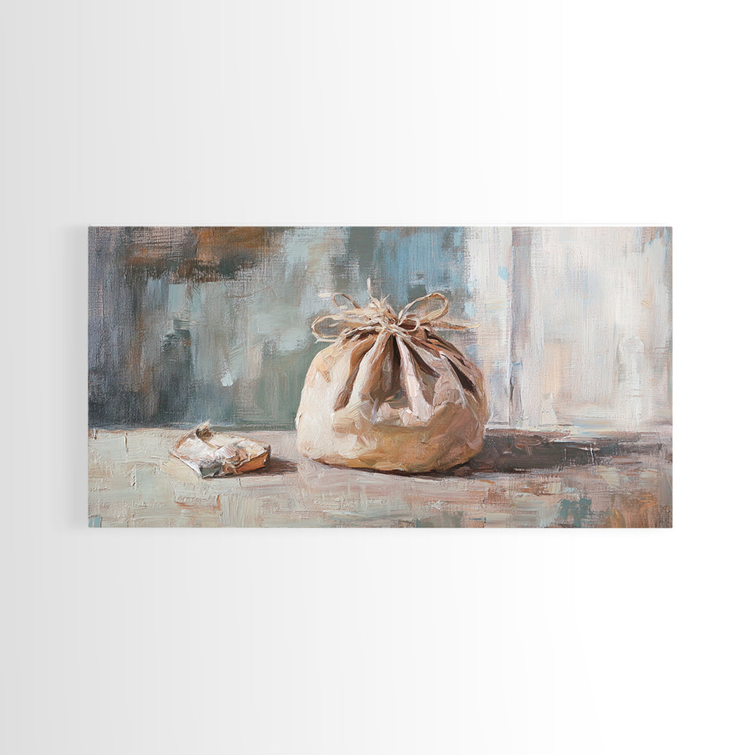 Knotted Linen Bundle Still Life Wall Art, Neutral Rustic Home Decor, Wabi Sabi Canvas Print, Minimalist Kitchen Wall Decor