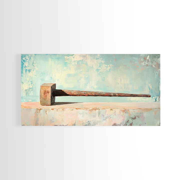 Rusty Hammer On Pale Blue Shelf Wall Art, Industrial Tool Canvas Print, Garage Decor, Workshop Office Decor, Gift For Him