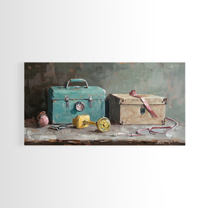 Turquoise Toolbox And Cardboard Box Wall Art, Industrial Still Life Canvas Print, Garage Decor, Workshop Office Decor, Gift For Him