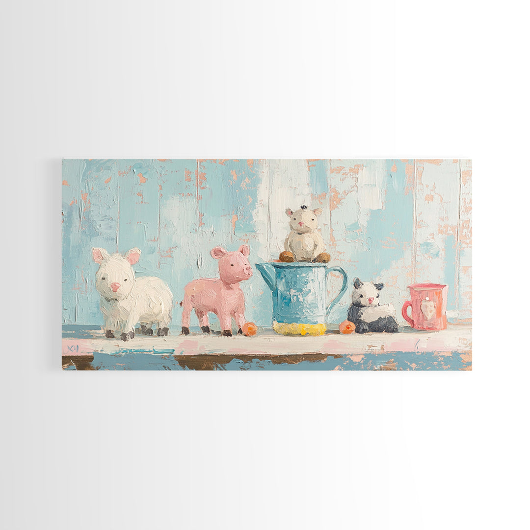 Sweet Farm Animal Toys On Shelf Wall Art, Whimsical Nursery Canvas Print, Kids Room Decor, Baby Animal Art, Gift, Playroom Decor