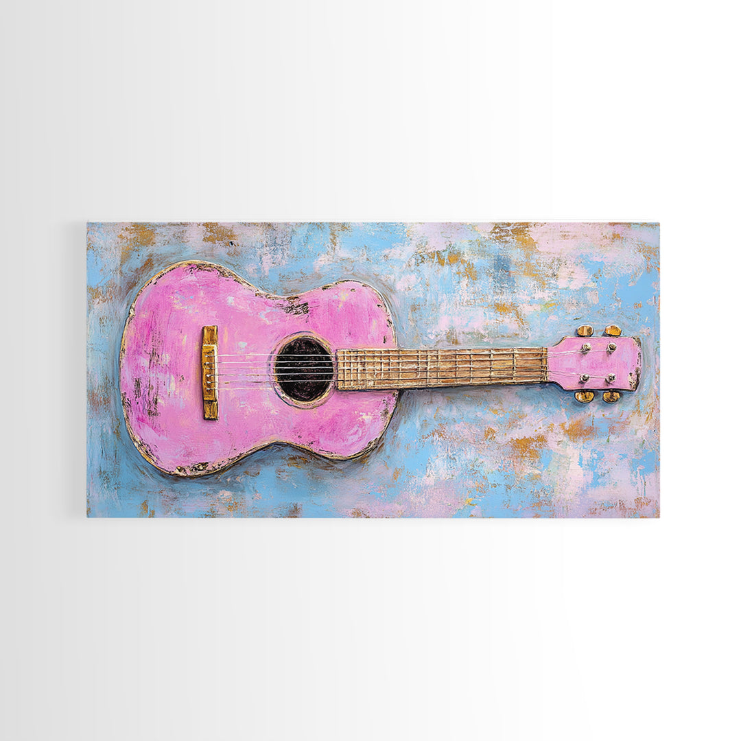 Pink Acoustic Guitar Painting Canvas Print, Music Studio Wall Art, Retro Music Room Decor, Gift For Guitar Lover And Home Decor