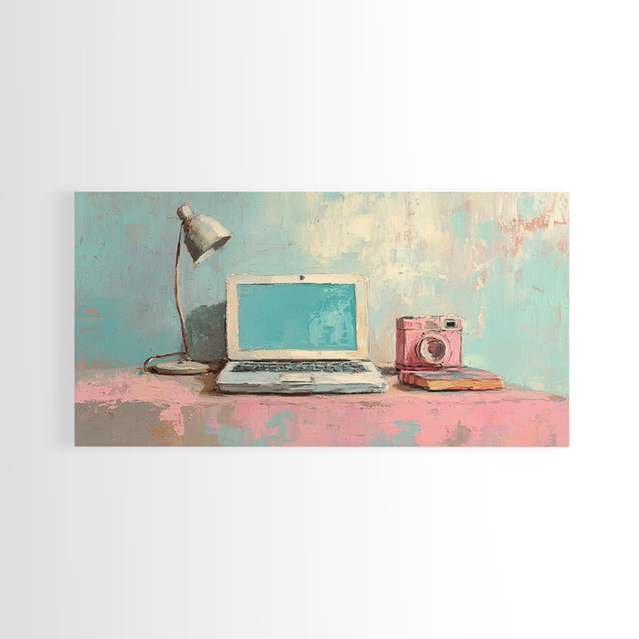 Pastel Laptop Lamp And Camera Desk Wall Art, Home Office Decor, Tech Lover Art Print, Modern Study Room Canvas Print For Apartment Decor