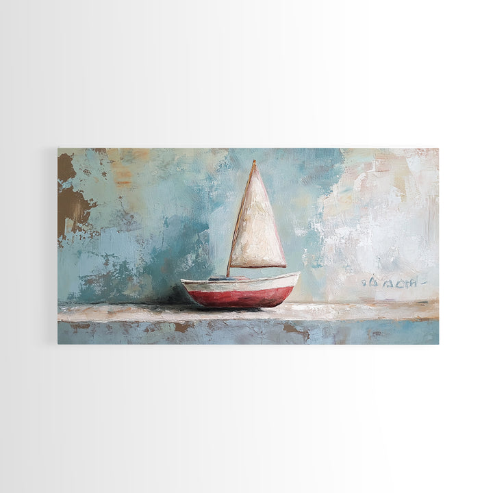 Red And White Sailboat Still Life Canvas Print, Nautical Wall Art, Coastal Home Decor, Beach House Gift And Ocean Nursery Decor