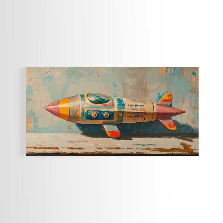 Retro Tin Toy Rocket Framed Canvas Print, Space Wall Art, Sci Fi Nursery Decor, Boys Room Art Gift For Space Lover Retro Space Decor