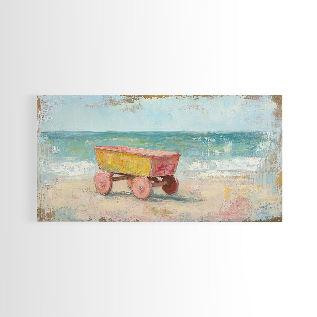 Yellow Beach Wagon Canvas Print, Coastal Wall Art, Beach House Decor, Ocean Wall Decor, Summer Nursery Art, Housewarming Gift