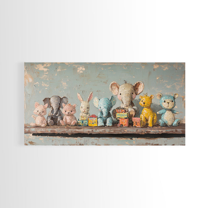 Stuffed Animal Shelf Framed Canvas Print, Nursery Wall Art, Kids Room Decor, Safari Animal Art, Whimsical Baby Shower Gift