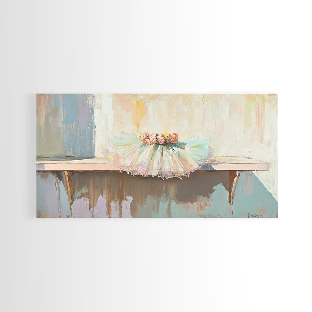 Pastel Ballet Tutu On Barre Wall Art, Girls Room Decor, Dance Studio Decor, Nursery Wall Art, Feminine Framed Canvas Print