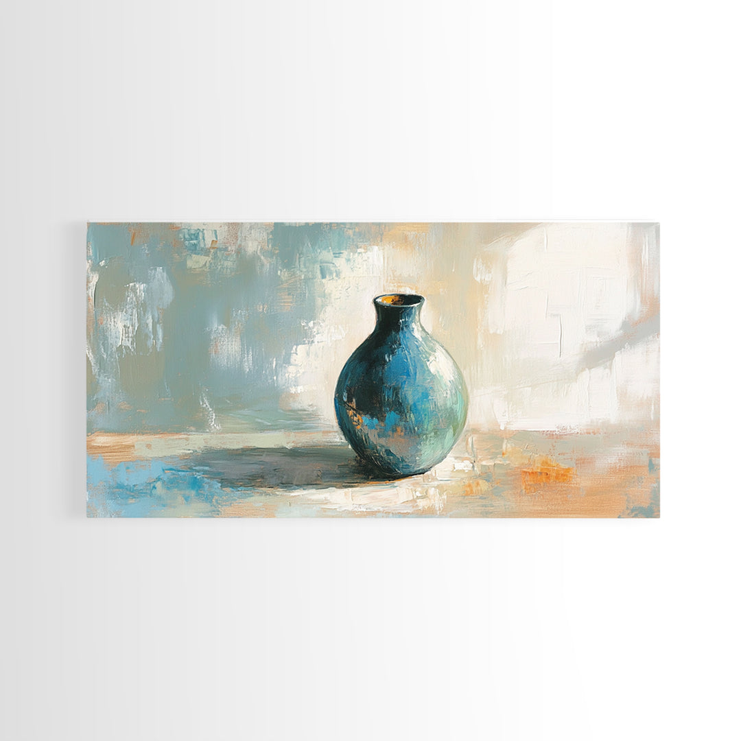 Turquoise Ceramic Vase Still Life Framed Canvas Print, Neutral Wall Art, Modern Home Decor, Living Room Decor, Housewarming Gift