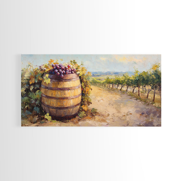 Wine Barrel And Grapes Vineyard Landscape Canvas Print, Winery Wall Art, Rustic Kitchen Decor, French Country Decor, Gift For Wine Lover