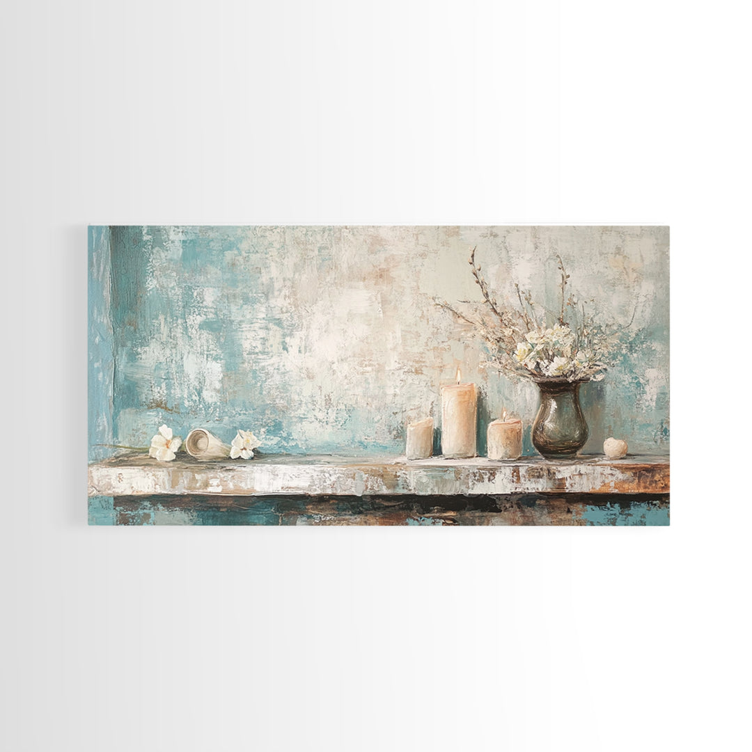 Candles Flowers And Seashell Still Life Canvas Print, Coastal Wall Art, Spa Decor, Neutral Bathroom Decor, Calming Wall Art