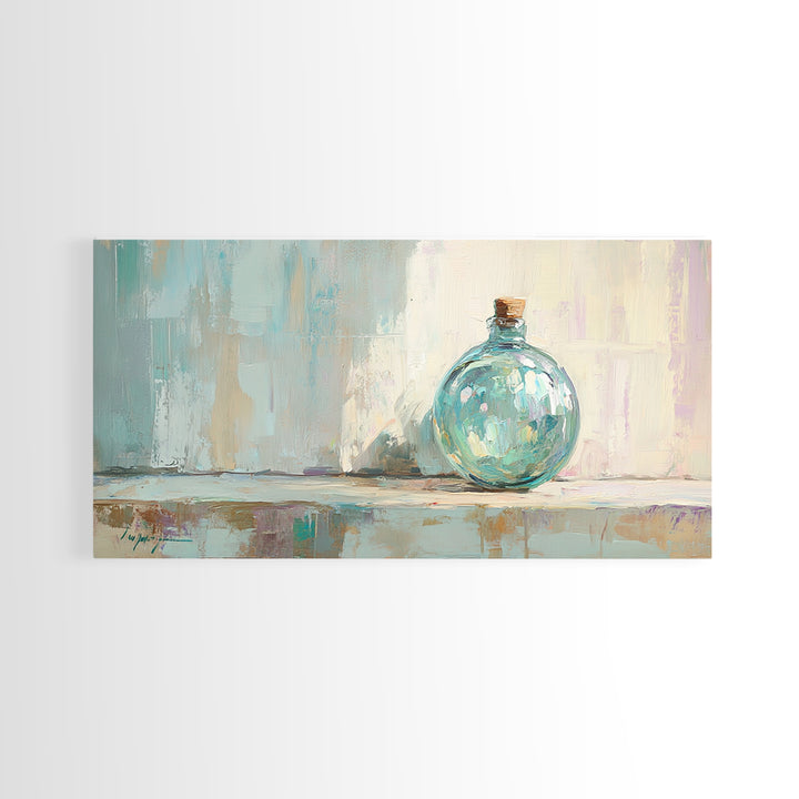 Aqua Glass Bottle Still Life Framed Canvas Print, Coastal Wall Art, Minimalist Decor, Modern Home Decor, Housewarming Gift