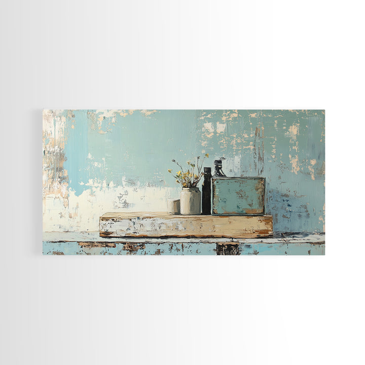 Rustic Blue Shelf Still Life Wall Art, Textured Coastal Farmhouse Kitchen Decor, Neutral Living Room Art Print, Housewarming Gift