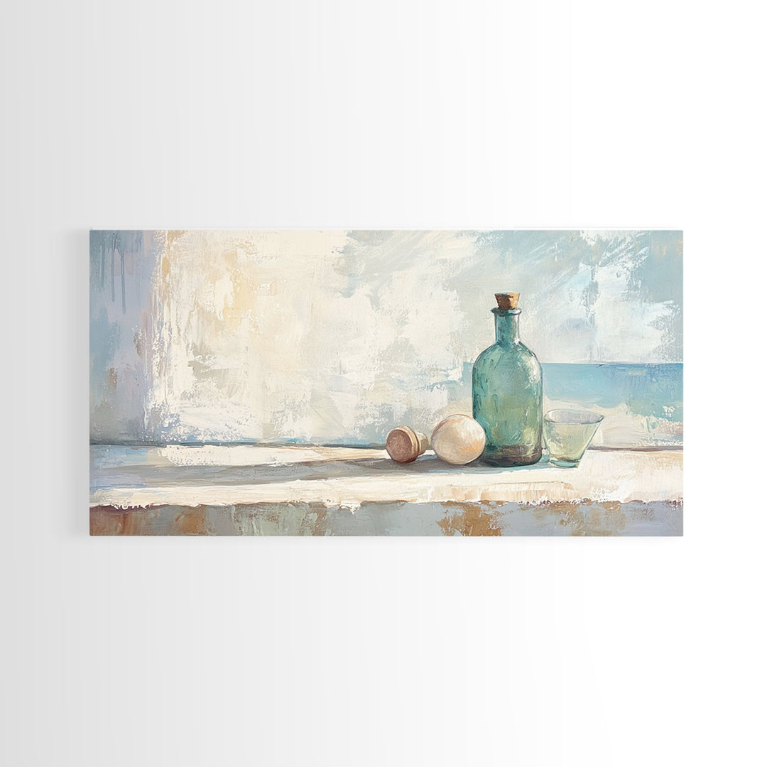 Sea Glass Bottle And Eggs Wall Art, Minimalist Coastal Kitchen Decor, Neutral Still Life Canvas Print, Beach House Decor Gift