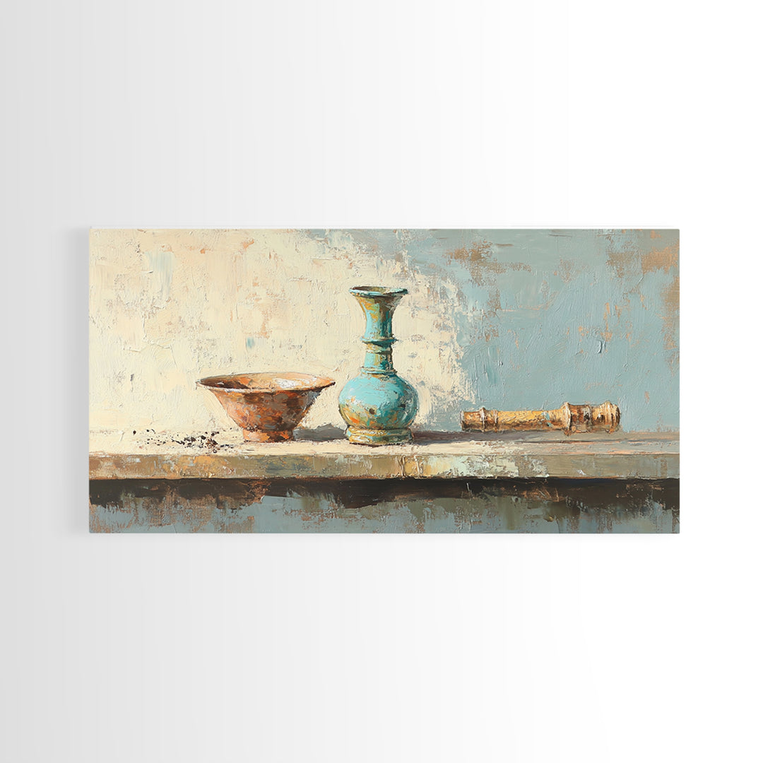 Turquoise Vase And Rustic Bowl Wall Art, Textured Still Life Canvas Print, Neutral Farmhouse Decor For Living Room Housewarming Gift