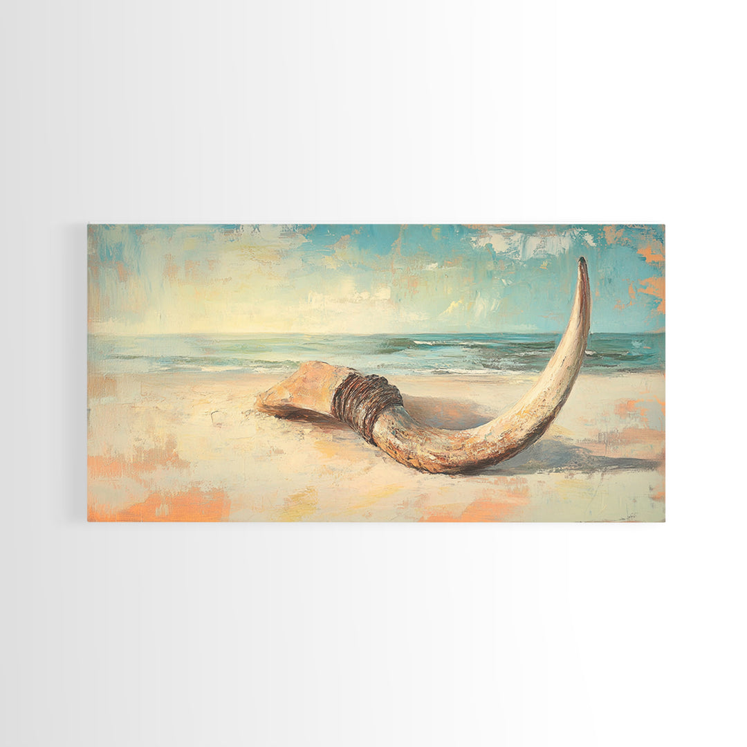 Weathered Horn On Sandy Shore Wall Art, Coastal Beach House Decor, Nautical Canvas Wall Art, Rustic Seascape Gift For Living Room Decor