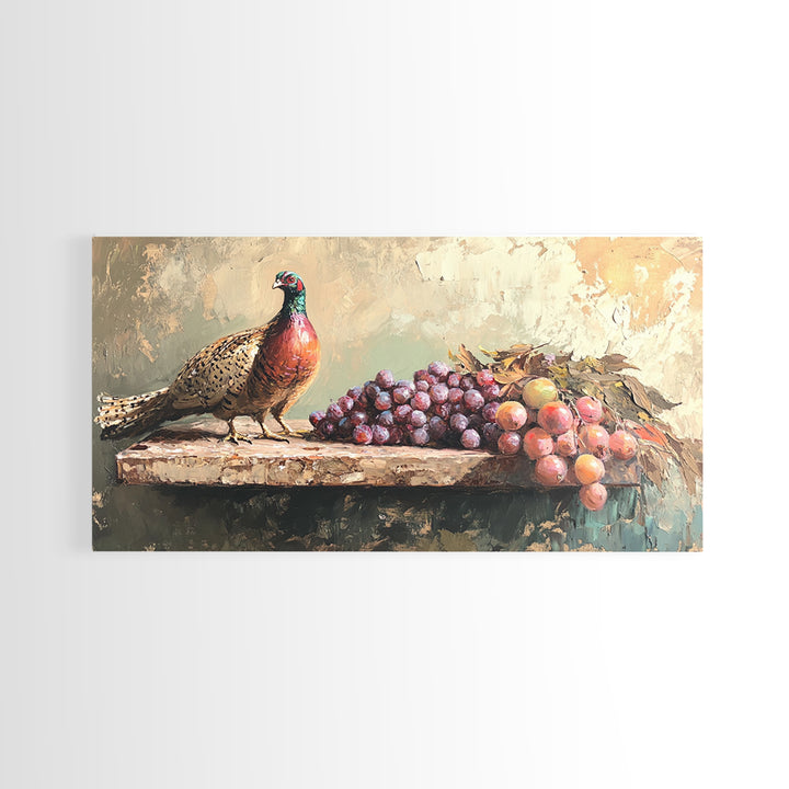 Pheasant And Purple Grapes Framed Canvas Print, Rustic Country Kitchen Wall Art, Winery Decor, Farmhouse Dining Room Still Life