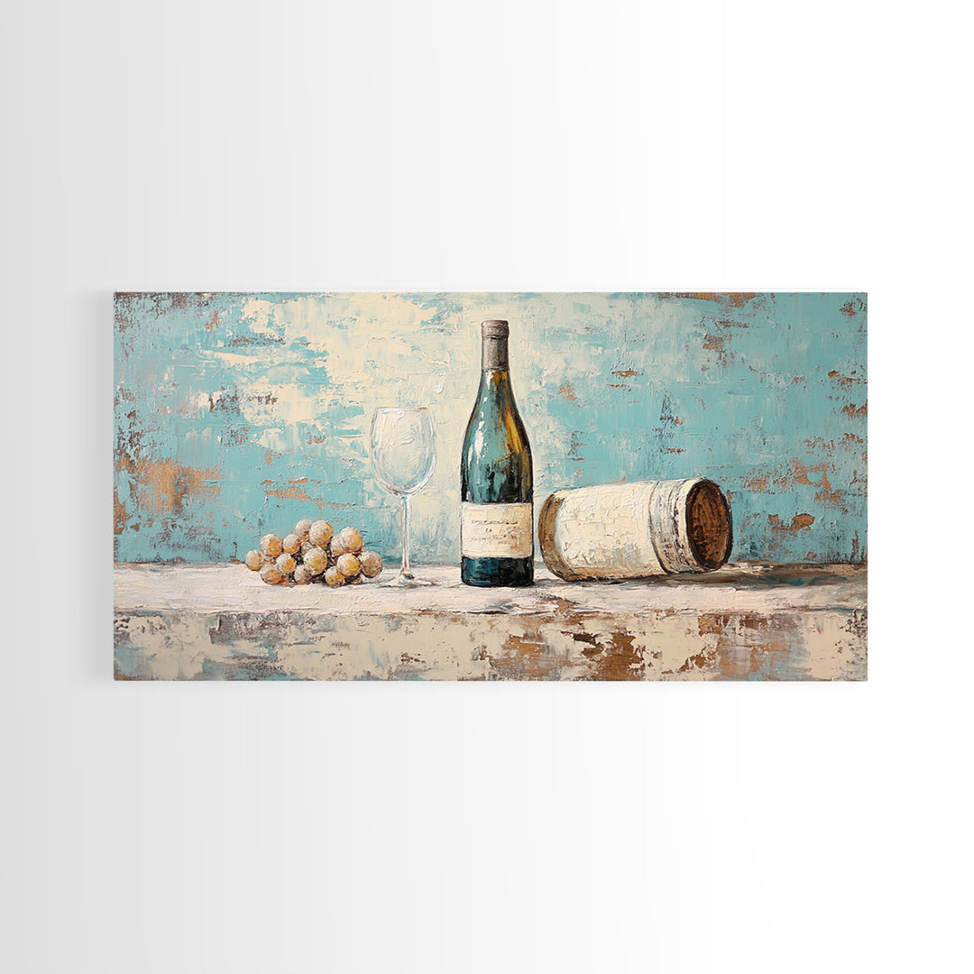 Wine Bottle With Glass And Grapes Canvas Print, Winery Kitchen Wall Art, Rustic Bar Cart Decor, Vineyard Housewarming Gift