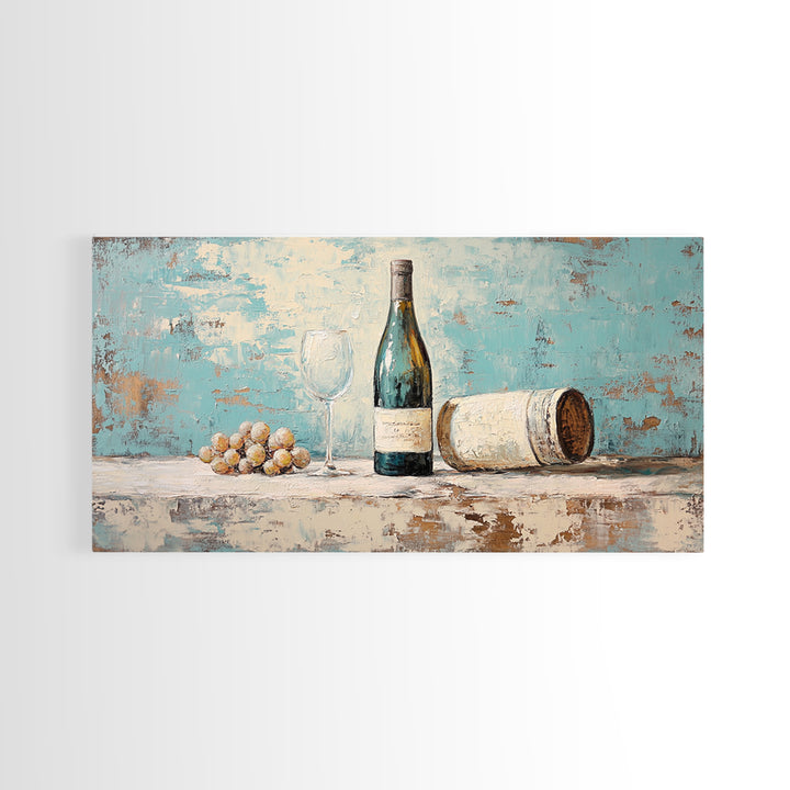 Wine Bottle With Glass And Grapes Canvas Print, Winery Kitchen Wall Art, Rustic Bar Cart Decor, Vineyard Housewarming Gift