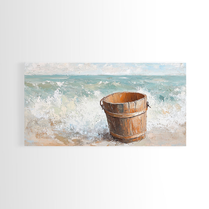 Wooden Bucket By Ocean Waves Framed Canvas Print, Coastal Beach Wall Art, Nautical Bathroom Decor, Beach House Gift For Living Room