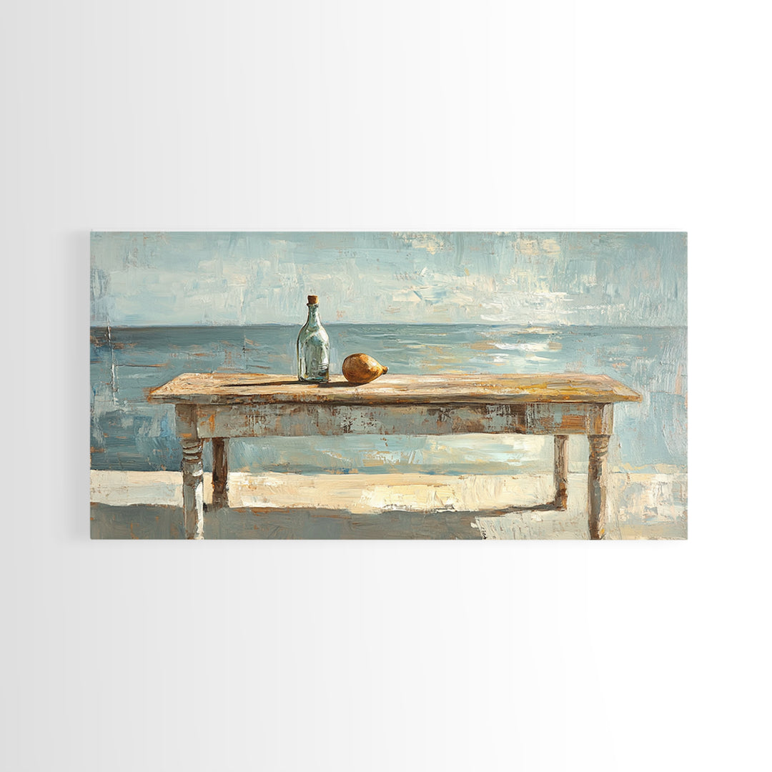 Weathered Seaside Table With Bottle Canvas Print, Coastal Wall Art, Beach House Decor, Ocean Painting, Nautical Living Room Decor