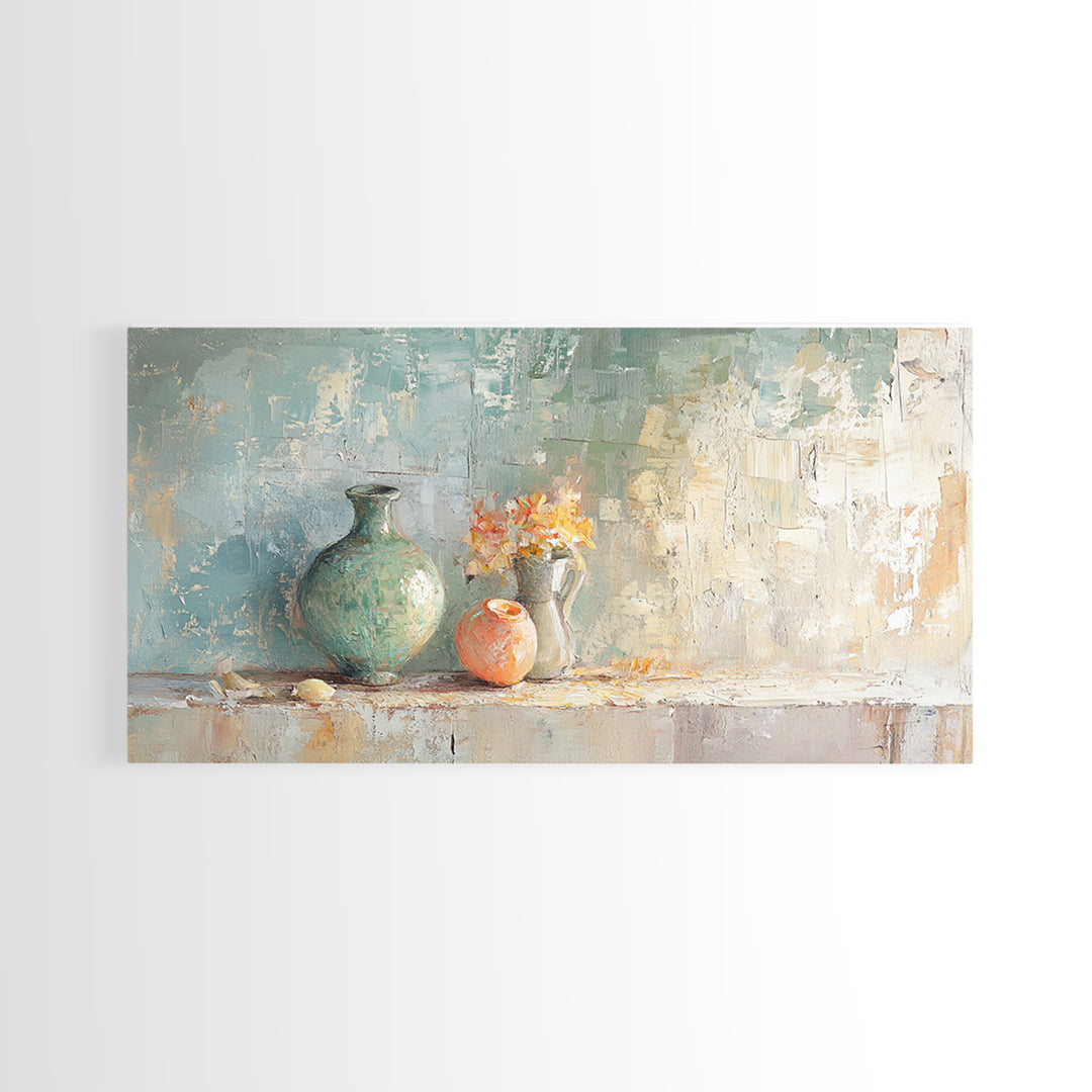 Textured Vases With Tiny Orange Flowers Canvas Print, Neutral Wall Art, Modern Farmhouse Decor, Still Life Painting, Gift For Her