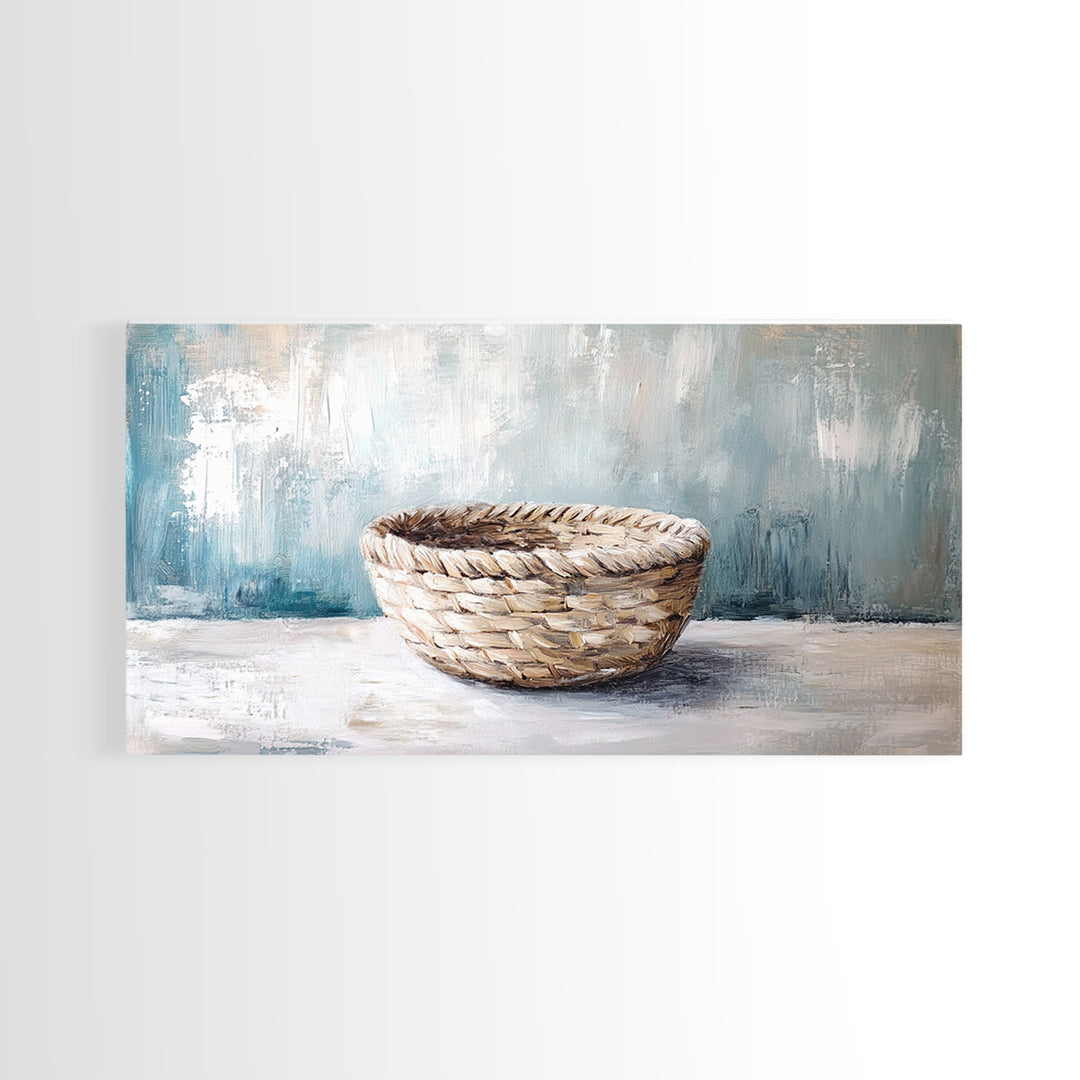 Handwoven Basket Still Life Canvas Print, Rustic Wall Art, Neutral Farmhouse Decor, Wabi Sabi Art, Cozy Kitchen Decor Gift
